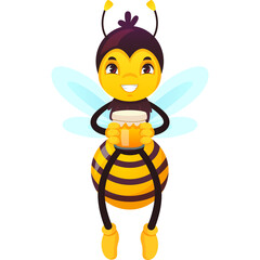Cute Cartoon Bee Character Holding a Jar of Honey with Transparent Background and Stylized Wings