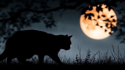 Silhouette of a Cat Against a Full Moon in the Night Sky