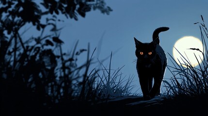 Obraz premium Black Cat Silhouette Against Moonlight in Nighttime Landscape Scene