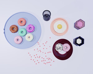 Colorful 3D donuts and geometric shapes on pastel background, modern minimal food art concept