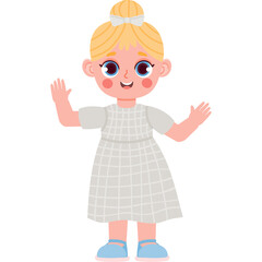Cute Cartoon Blond Girl Wearing A Light Grey Plaid Dress And Blue Sandals Waving Hands With A White Bow In Her Hair