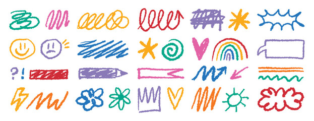 Crayon doodle colorful charcoal hand drawn set. Pencil drawings squiggle shapes and forms. Freehand collage elements.