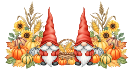 Two cute gnomes with red hats and white beards, surrounded by autumn harvest elements like pumpkins, sunflowers, corn, and leaves, isolated on transparent background
