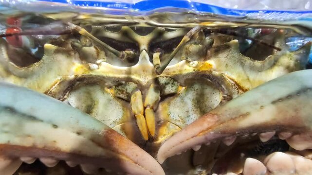 Macro close-up of a live crab submerged in a seafood restaurant tank. The image shows detailed textures of the crab&rsquo;s shell and claws under the water surface, illuminated by aquarium lighting