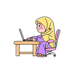 Cartoon Woman in Hijab Working at Desk.