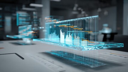 A futuristic digital interface displaying holographic data visualizations and graphs, emphasizing technology and analytics in a modern workspace.