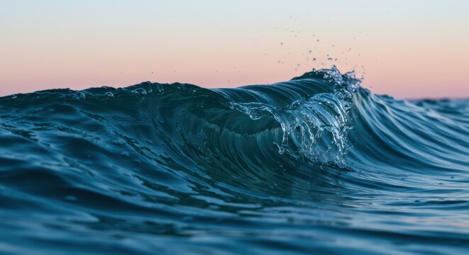Close up view of a clear blue wave crashing and spraying water in the ocean at sunrise or sunset. Powerful liquid motion and serene nature scene. World Oceans Day.	
 - Powered by Adobe