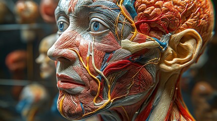 Human head anatomy with dissection display.