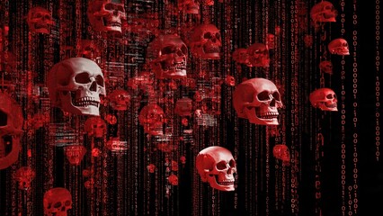 A digital artwork featuring floating red skulls against a backdrop of binary code, creating a haunting and futuristic atmosphere.