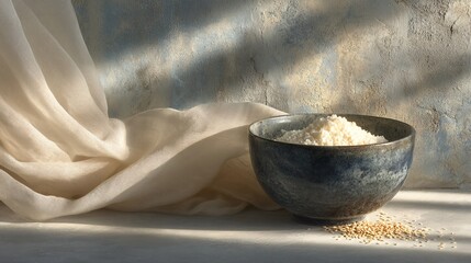 Bowl of White Rice with Soft Fabric and Rustic Background Texture
