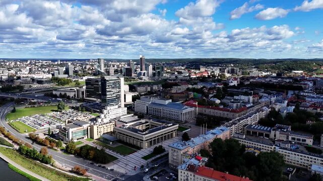 Vilnius Aerial view of the Lithuanian Parliament (Seimas) building in Vilnius under blue sky