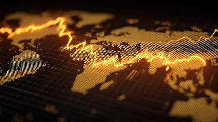 A dynamic digital representation of a world map with an overlay of fluctuating data lines in vibrant orange hues.