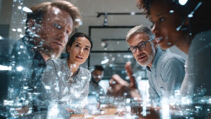 A group of professionals engaged in a discussion, with a digital overlay representing data and technology in a modern workspace.