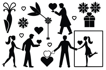 Romantic silhouette vector bundle featuring couples flowers gift and hearts scalable eps illustration