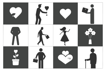 Scalable silhouette vector bundle grid diverse people holding gifts flowers and hearts illustrations