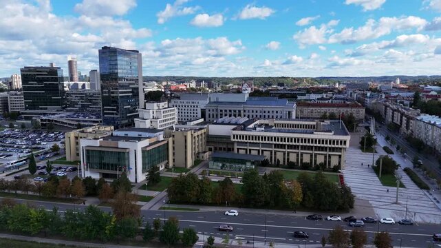Vilnius Aerial view of the Lithuanian Parliament (Seimas) building in Vilnius under blue sky
