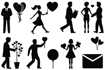 Romantic couple silhouette vector bundle instant download heart balloons love graphics
