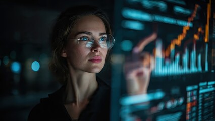 Obraz premium A focused individual wearing glasses analyzes digital data on a screen, showcasing graphs and trends in a dark environment.