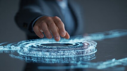 A hand reaches towards a futuristic, holographic interface displaying digital data and circular graphics in a sleek, high-tech environment.
