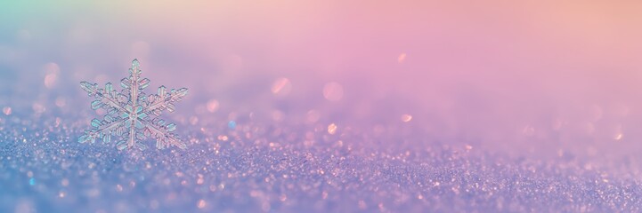 Transparent snowflake resting on sparkling glitter background with bokeh lights. Delicate winter scene in pastel colors for Christmas and New Year card, poster, invitation.	
