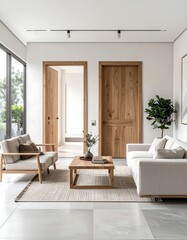 Modern minimalist living room with light wood accents