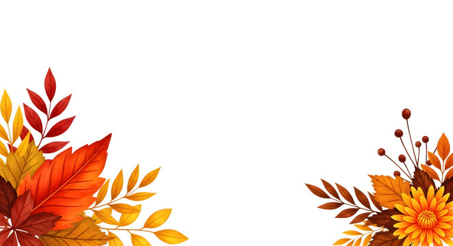 Autumn leaves and chrysanthemum flower arrangement isolated on transparent background, vibrant fall foliage in warm colors like red, orange, and yellow, perfect for seasonal decoration and design elem