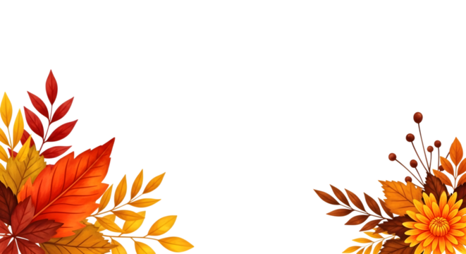Autumn leaves and chrysanthemum flower arrangement isolated on transparent background, vibrant fall foliage in warm colors like red, orange, and yellow, perfect for seasonal decoration and design elem