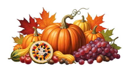 A vibrant autumn harvest arrangement featuring pumpkins, gourds, grapes, acorns, and colorful maple leaves, isolated on transparent background