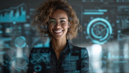 A confident professional woman smiles in front of digital data displays, embodying innovation and technology in a modern workspace.
