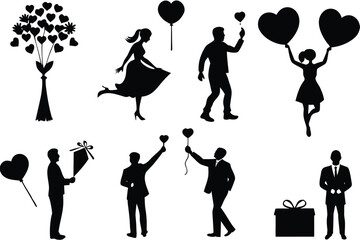 Silhouette vector bundle romantic figures heart balloons tree gift elegant design graphics