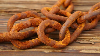 Close up of a rusty chain on a wooden surface showing signs of corrosion and age in detail
