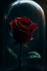 Enchanted red rose under glass dome with water droplets