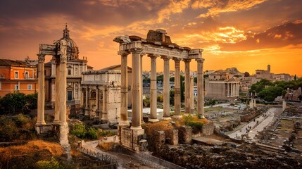 Ancient ruins stand in Rome at sunset with dramatic clouds overhead.
