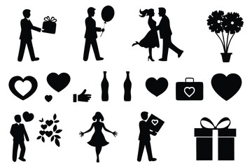 Elegant silhouette vector bundle featuring romantic couples gifts and flowers scalable eps illustration