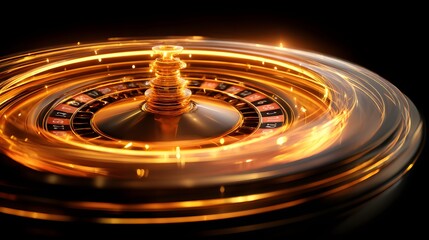 Golden casino roulette wheel spins with streaks of light on black background.