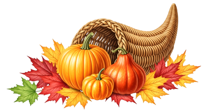 Cornucopia overflowing with pumpkins and autumn leaves, isolated on transparent background