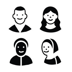 Diverse Human Figure Icons Including Hijab for UI and Community Branding