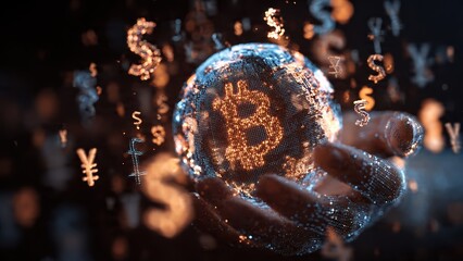 A digital representation of a hand holding a glowing globe, featuring cryptocurrency symbols, emphasizing the concept of global finance and digital currencies.