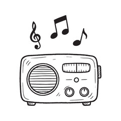 Cute hand-drawn retro radio doodle with musical notes. Simple black and white sketch illustration of a vintage music player. Isolated communication and entertainment icon.
