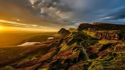 Dramatic sunset over rugged mountain peaks with stormy clouds