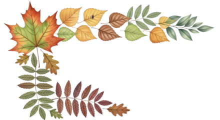 Autumn leaves corner decoration isolated on transparent background