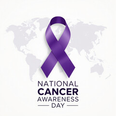 Purple ribbon symbolizes national cancer awareness day with world map background