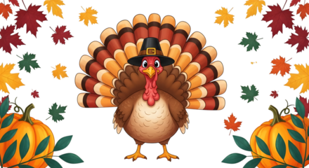 A cartoon turkey wearing a pilgrim hat, with its tail feathers fanned out, surrounded by autumn leaves and pumpkins, isolated on transparent background