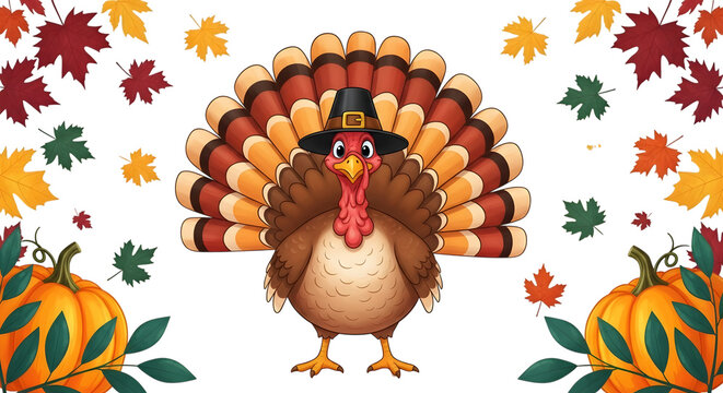 A cartoon turkey wearing a pilgrim hat, with its tail feathers fanned out, surrounded by autumn leaves and pumpkins, isolated on transparent background