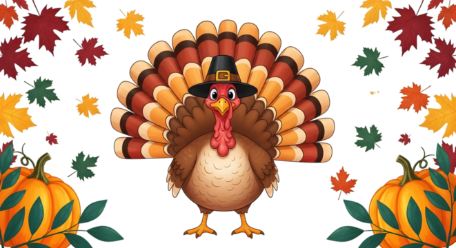A cartoon turkey wearing a pilgrim hat, with its tail feathers fanned out, surrounded by autumn leaves and pumpkins, isolated on transparent background