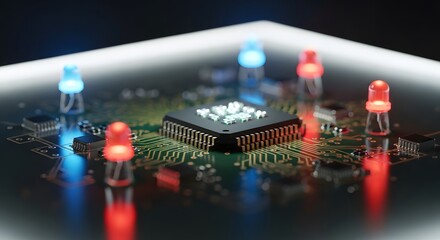Close-up of a black microchip on a circuit board, illuminated by red and blue LED lights. The image evokes a sense of advanced technology and digital innovation.