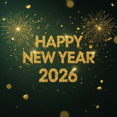 Sparkling golden happy new year 2026 text with festive fireworks and bokeh lights