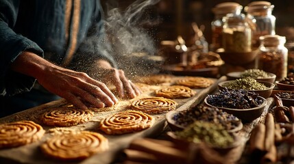 Artisan Baker Preparing Traditional Cinnamon Pastries in Rustic Kitchen