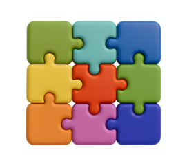 Colorful nine piece jigsaw puzzle assembled on a black background