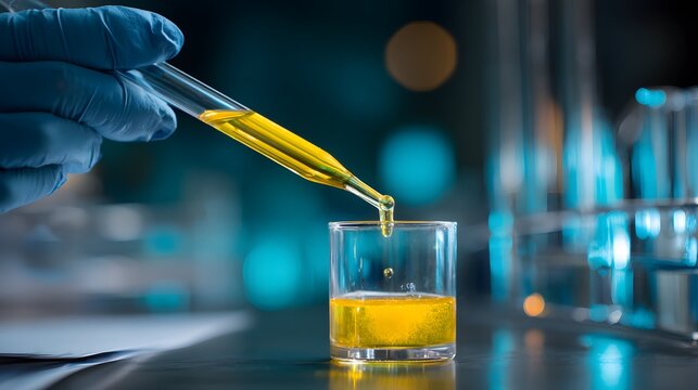 Scientist adds yellow liquid from pipette to beaker in laboratory.